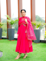 Fuchsia Pink Crinkle Cotton Anarkali: Zardosi Work & Blue Tassels