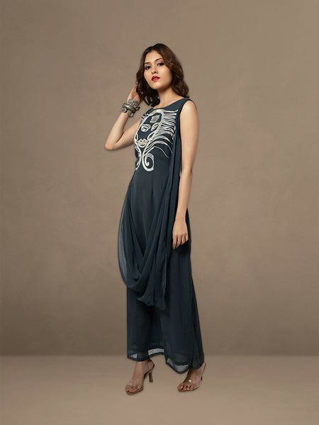 Serene Elegance: Hand-Embroidered Grey Georgette Dress