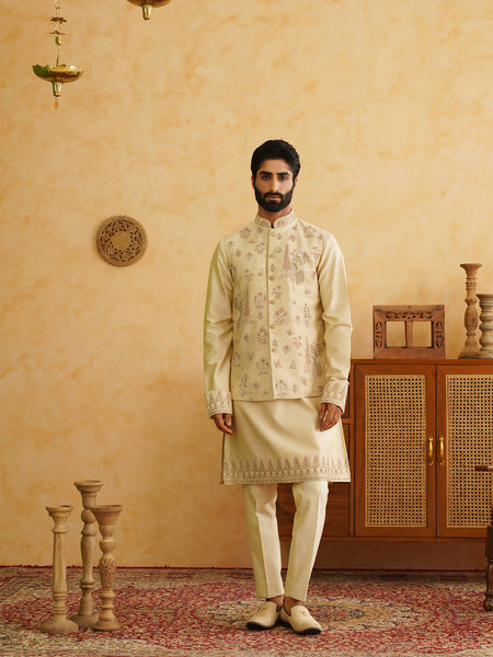 Beige Embroidered Waistcoat Kurta Set