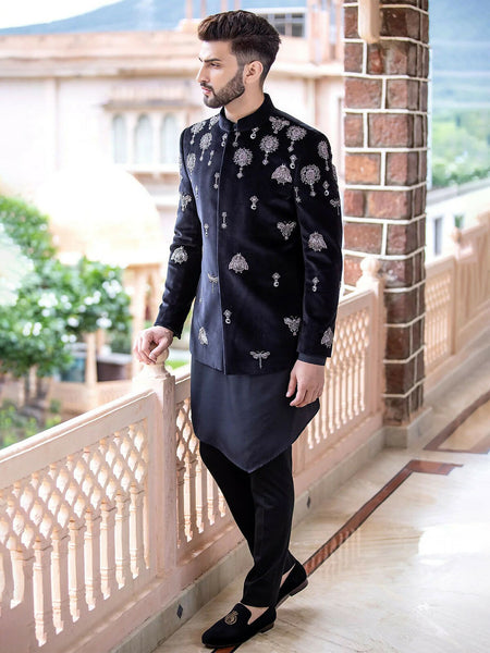 Black Suede Bead Embroidered Jodhpuri Suit