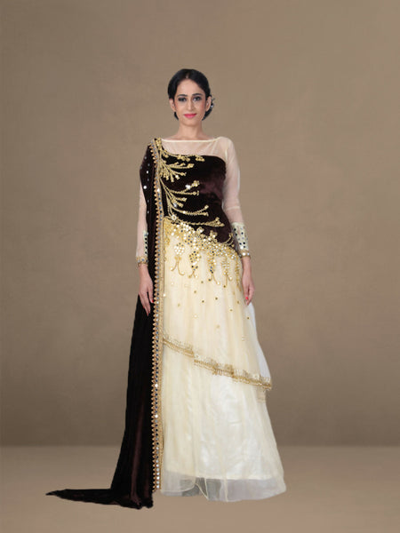 Golden Glamour: Velvet & Net Floor-Length Gown with Sabrina Neckline