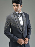 Charcoal Elegance: Suede & Italian Slim-Fit Suit with Intricate Embellishments