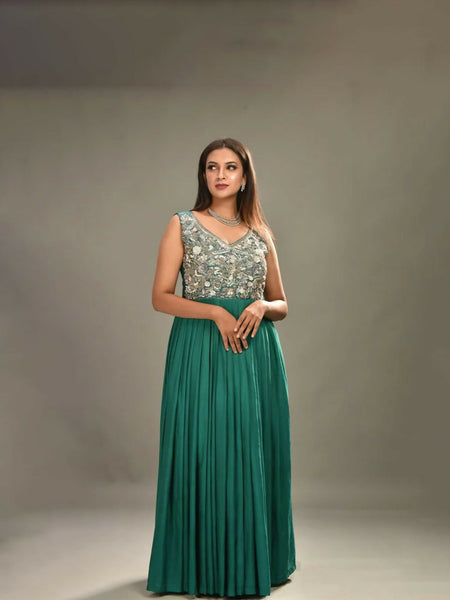 Graceful Bottle Green Embroidered Heritage Gown