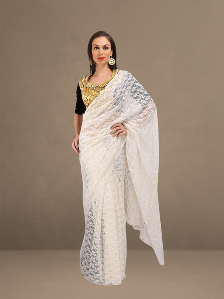 Lace Saree with Velvet Blouse Bead Hand Embroidery Work