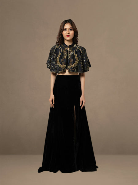 Black Velvet Elegance: Side Slit Skirt with Butterfly Sleeve Cap Top