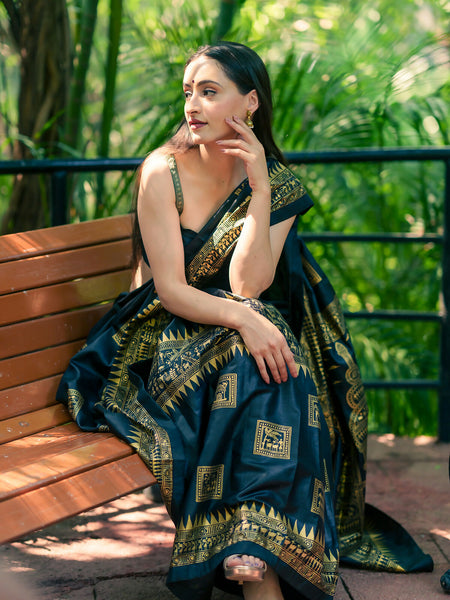 Crafty Tribal Charcoal Special Tussar Silk Saree