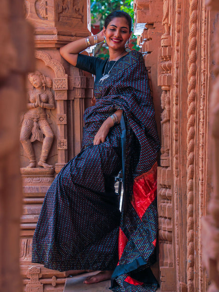 Orange Touch Charcoal Geo-Printed Designer Pure Silk Saree