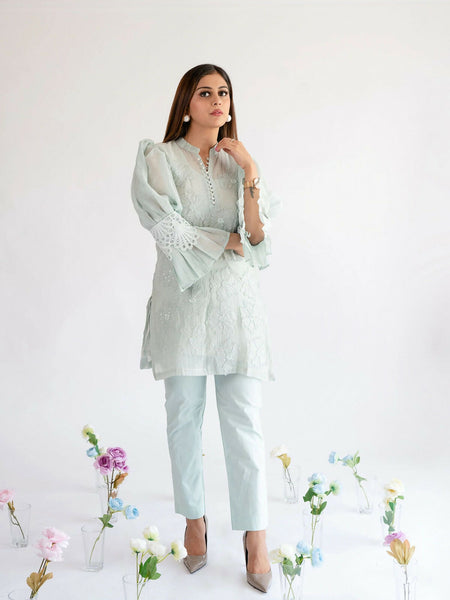 Mint Blue Chanderi Cotton Kurta Set With 3D Floral Embellishments