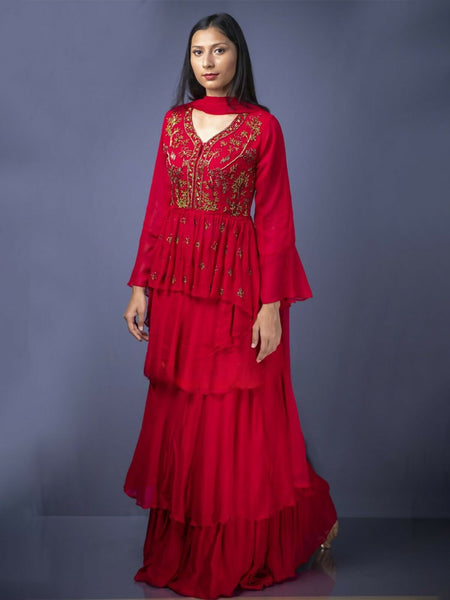 Timeless Elegance: The Red Modal Chanderi Embroidered Sharara Set - Embrace Artistic Traditions