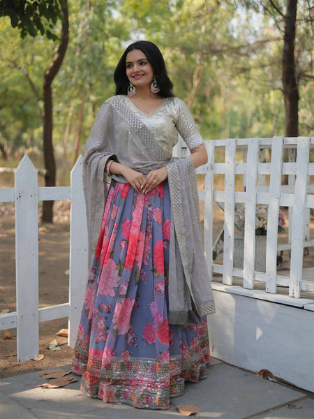 Grey Digital Printed Lehenga with Sequins