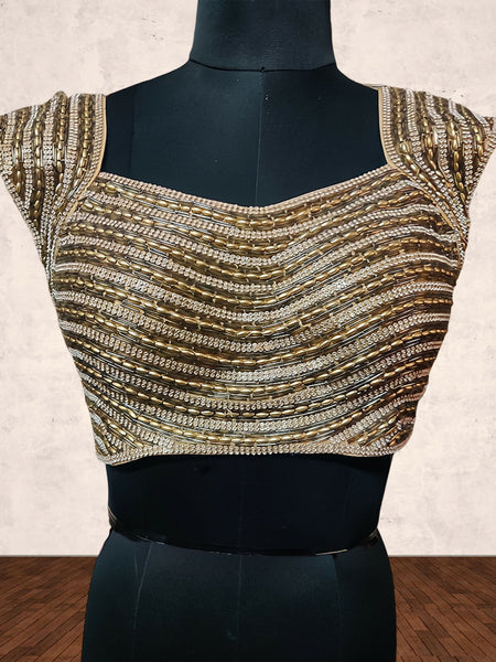 Golden Silk Illusion Neck Blouse with Jewel & Diamond Detailing