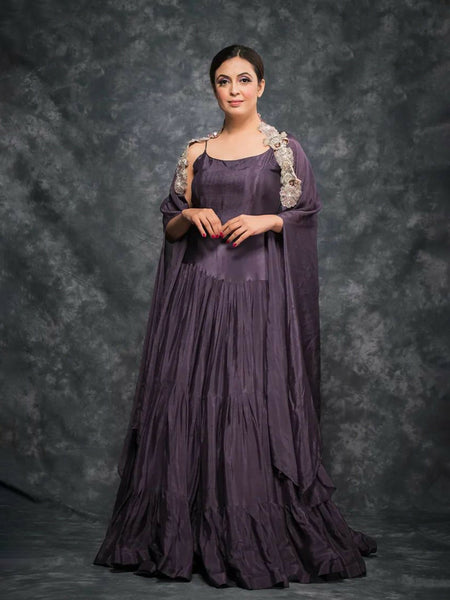 Lavender Grey Crepe Gown with Silver Pearl Embroidery