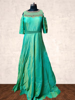 Green Silk Flair Gown with Cold Shoulder Sleeves and Dupatta