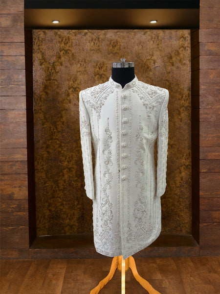 Classic White Silk Sherwani with Jardoshi and Dori Embroidery