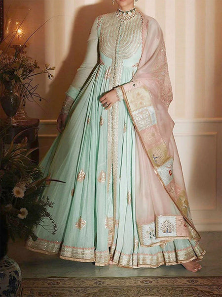 Mint Dream: Elegant Silk Anarkali with Pastel Pink Organza Dupatta