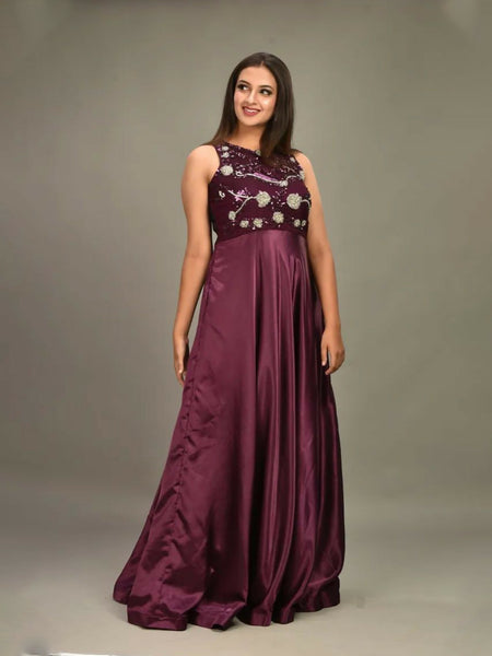 Wine Milano Gown with Exquisite Silver Embroidery