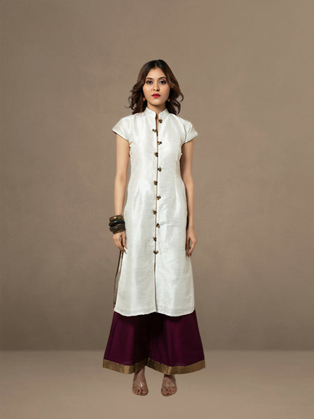 White Silk Kurta with Burgundy Palazzo