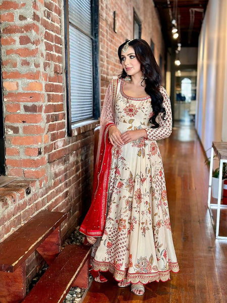 Cream & Red Faux Georgette Dress with Heavy Embroidery