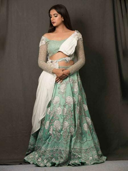 Sea Green Crop Top & Skirt With Designer White Dupatta