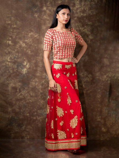 Radiant Ruby: Red Net Glitter Sequins Cutwork Skirt - Embrace Dazzling Glamour