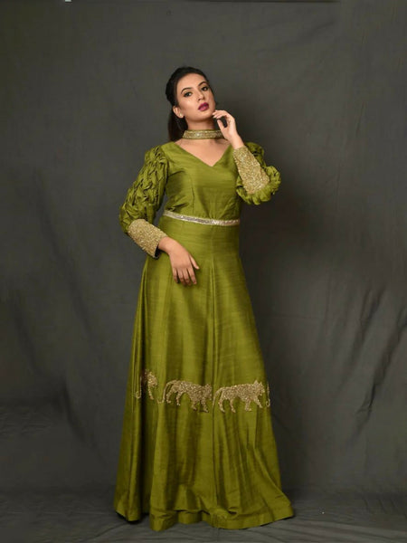 Mehandi Green Gown With Golden Jaguar Hand Embroidery