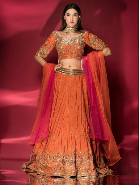 Orange Lehenga With Golden Embroidery