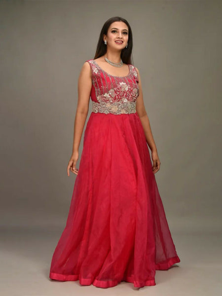 Silver Sequined Magenta Gown with Embroidered Belt