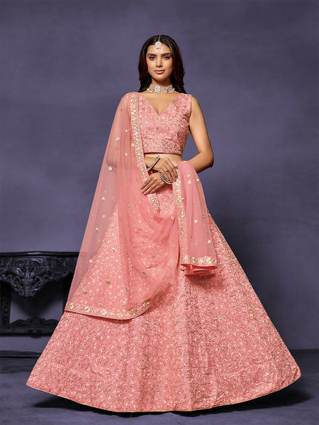 Elegant Pink Malai Silk Zari Embroidered Lehenga Choli