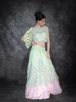 Green Pink Skirt Top With Silver Hand Embroidery