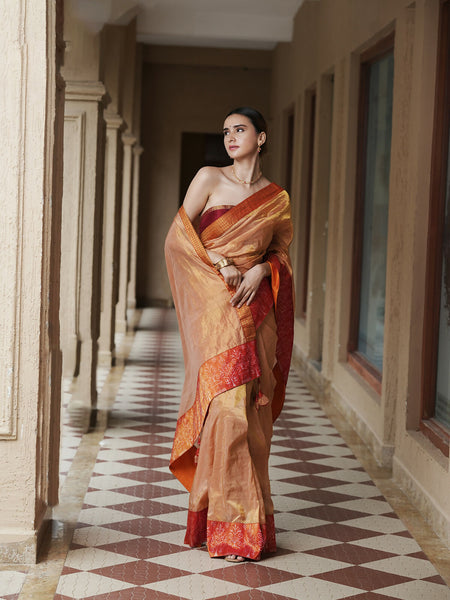 Tangerine Touch Golden Designer Tissue Silk Saree