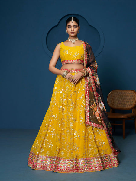 Haldi Special Yellow Georgette Floral Sequins Lehenga Choli