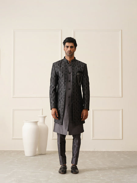 Grey Embroidered Sherwani Set