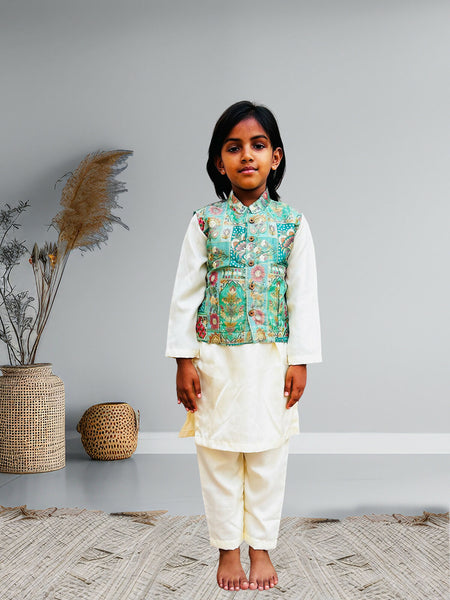 Lotus Silk Boys White Kurta Set with Sea Green Jacket