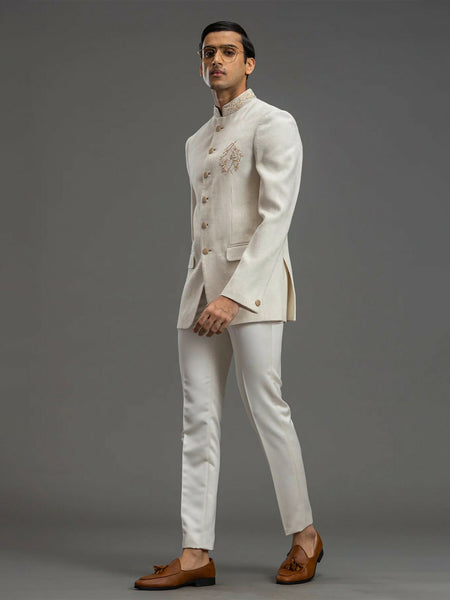 Off-White Zardosi Embroidered Raw Silk Jodhpuri Suit