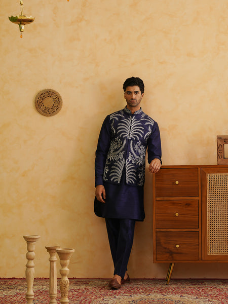 Blue Embroidered Kurta & Jacket Set
