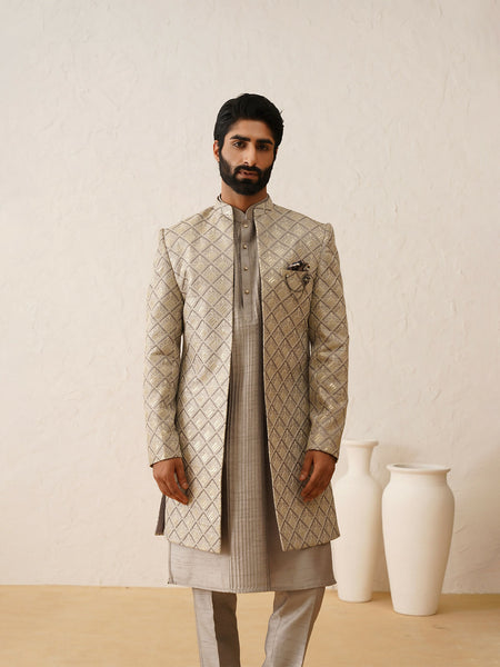 Grey Melange Sequins Embroidered Sherwani Set