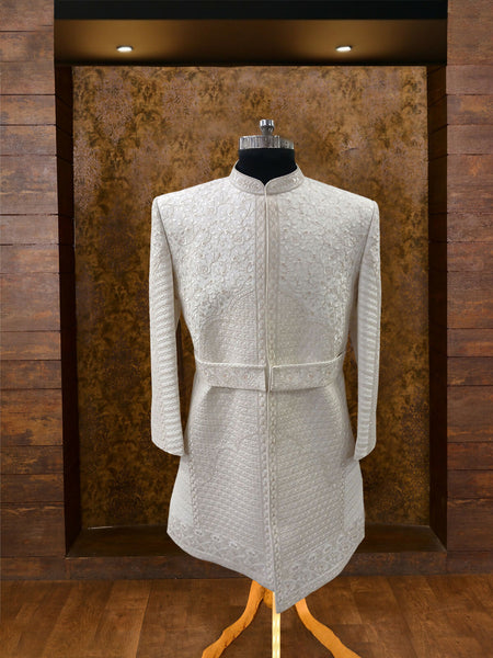 White Silk Sherwani with Elegant Resham Embroidery