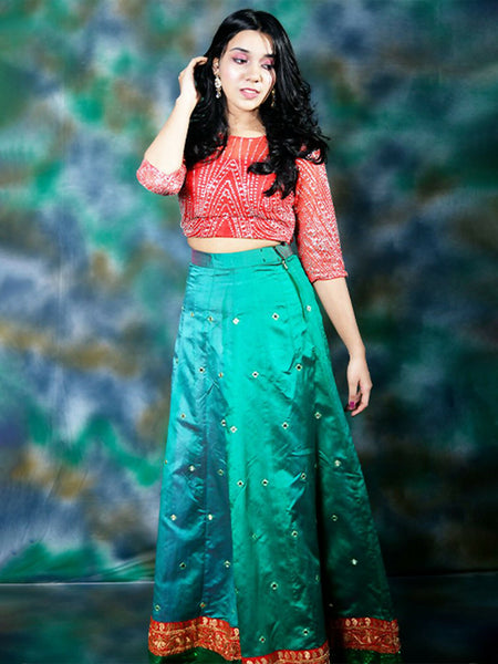 Bottle Green Skirt With Stone-Beaded Red Blouse