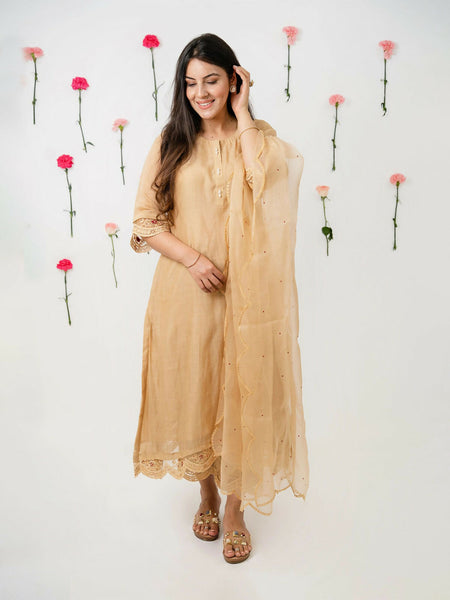 Exquisite Golden Beige Chanderi Ensemble with Delicate Embellishments