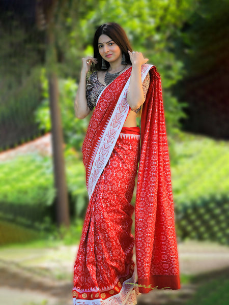 Crimson Red Jhoti Art Pure Silk Saree