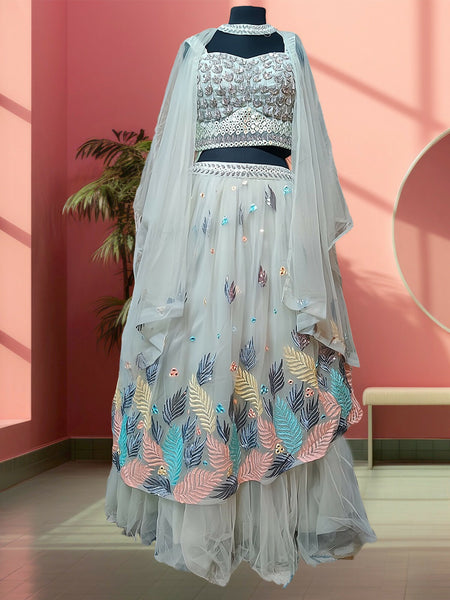 Aqua Majesty Leaf-Embroidered Double Layer Lehenga Ensemble