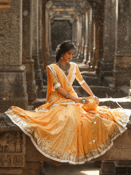 Yellow Orange Shibori Mirror Work Chaniya Choli