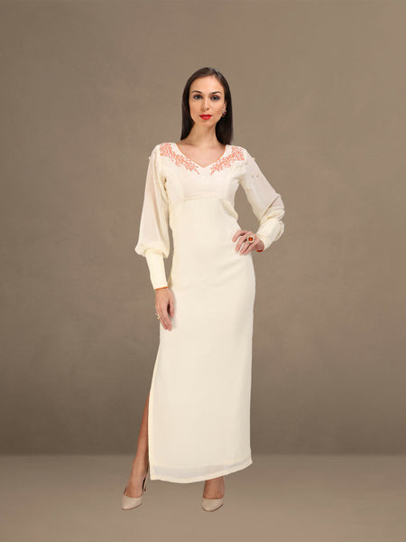 Pearl Elegance: White Georgette & Silk Gown with French Sleeves