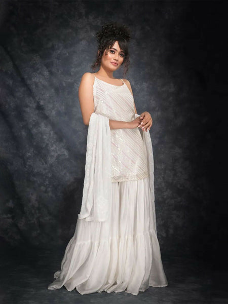 White Kurta With Sharara & Dupatta