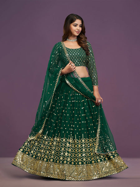 Green Embroidered Sequence Work Lehenga Choli
