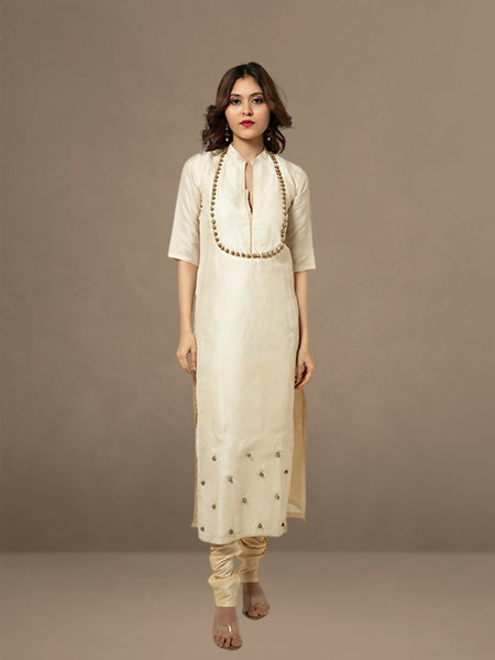 Opulent Elegance: Off-White Brocade Long Kurta with Beads Embellishment