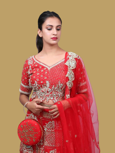 Red Bridal Raw Silk Embroidered Lehenga Blouse