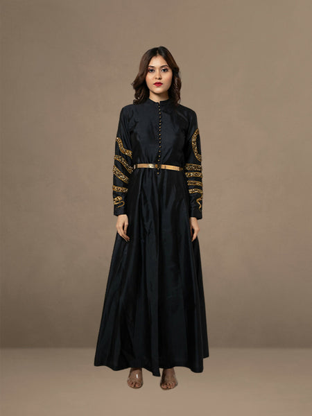 Black Silk Blend Elegance: Long Sleeve Jacket Dress with Sequin Sleeves