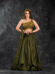 Mehandi Green Crop Top & Skirt With Golden Embroidery