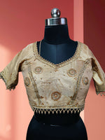 Golden Shimmer Leaf Neck Blouse with Patch and Lace Detailing